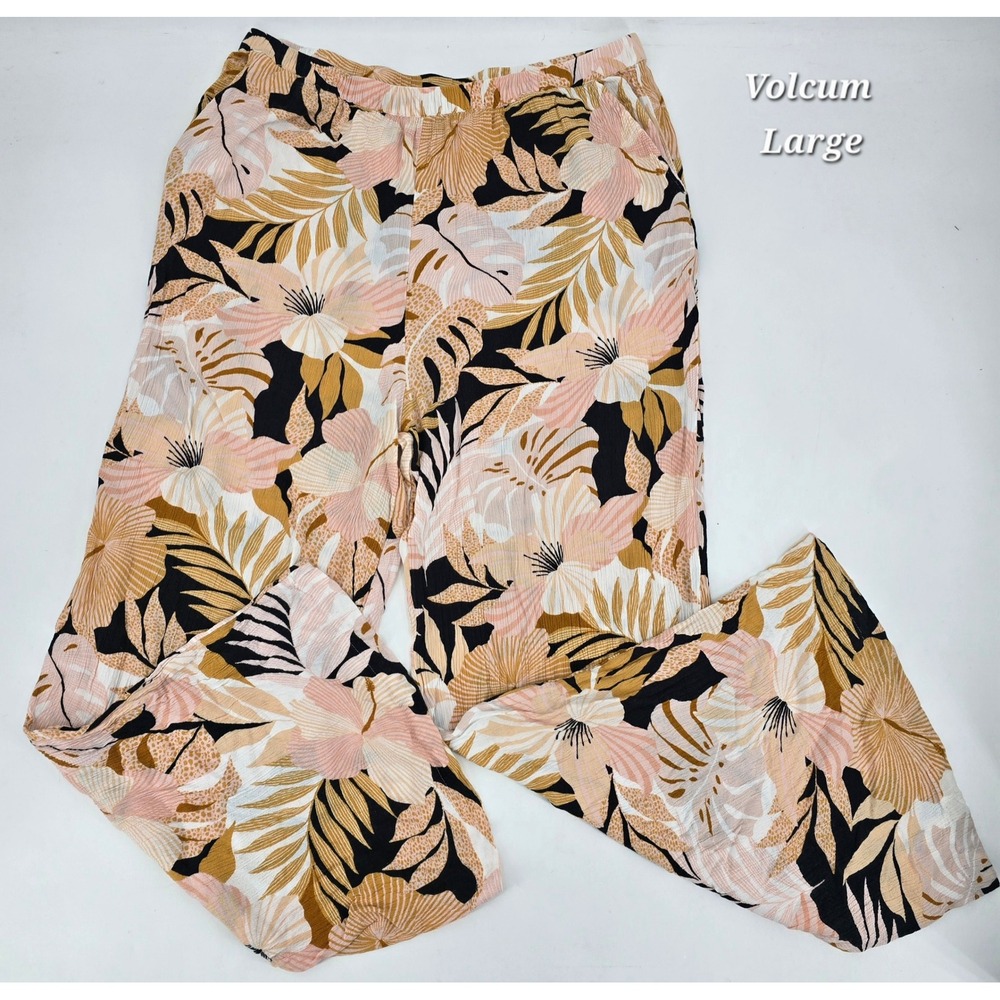 Volcom Lets Luau Pants Womens L Tropical Floral Wide Leg High Rise Boho